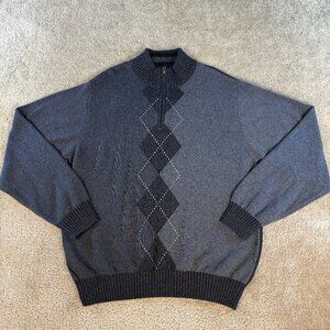 Alex Cannon Mens 100% Cotton 1/4 Zip Sz M Pull-Over Sweater Gray Argyle F485